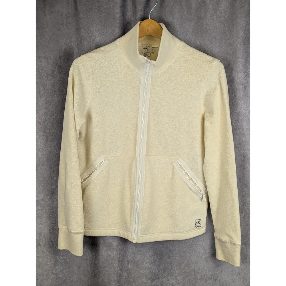 Calvin Klein Jeans Women Cream Full Zip Fleece Jacket Mock Neck Off White M-C140